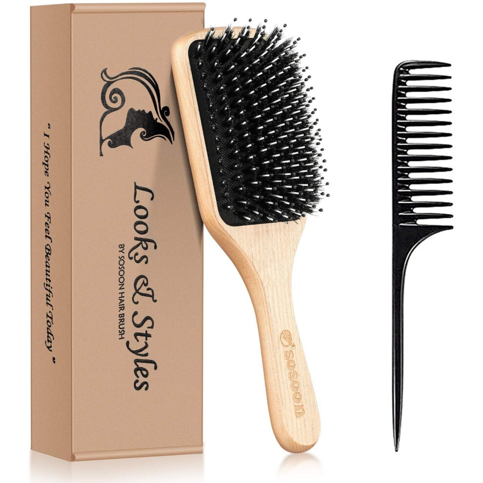 Hair Brush, Sosoon Boar Bristle Paddle Hairbrush for Long Thick Curly Wavy Dry or Damaged Hair, Reducing Hair Breakage and Frizzy No More Tangle, Gift