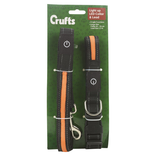 (Orange, L) LED Dog Collar | And Lead Set