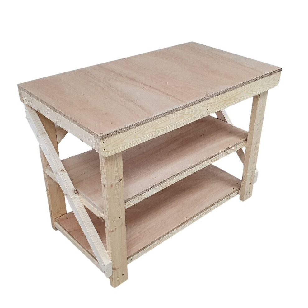 (8Ft, Legs With Wheels) Wooden Double Shelf Workbench 18Mm Eucalyptus Hardwood Table 7426998921241