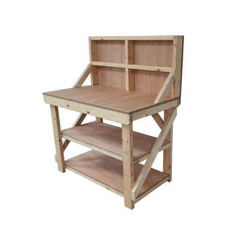 (4ft, Standard Legs) Wooden Workbench Double Shelf and Back Panel 18mm Eucalyptus Hardwood Table