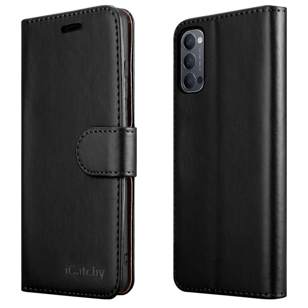 (Black) For Oppo Reno4 5G Leather Wallet Case Black 5056298007127