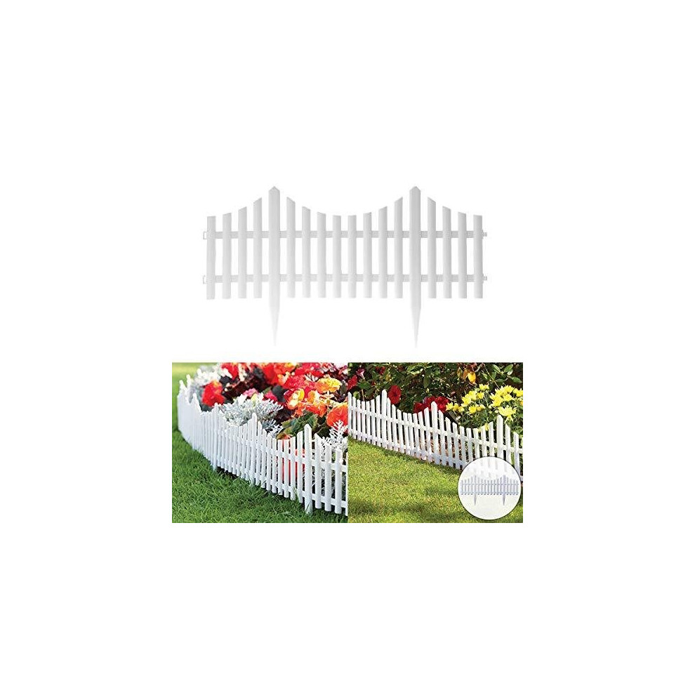 Fineway Set of 4 Plastic Wooden Effect Lawn Garden Border Edge Edging Plant Picket Fencing Interlocking Panels for Flowerbeds (White)