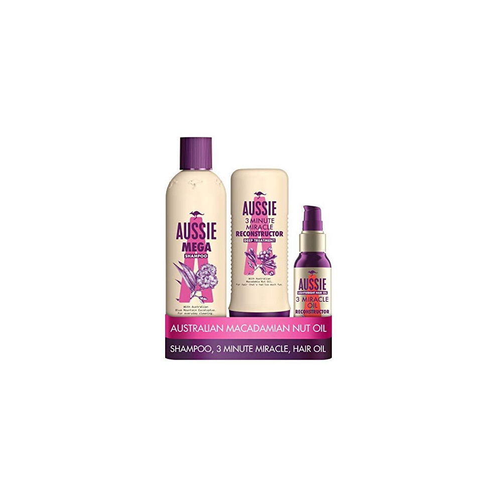 Aussie Mega Shampoo and Conditioner Set with a Clarifying Shampoo, 3 Minute Miracle Deep Conditioner and Hair Oil, for Damaged Hair, with Australian