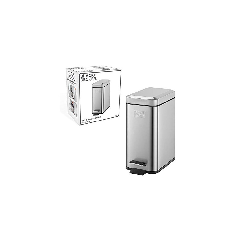 + Decker +Decker Bxbn0005gb 5L Rectangular Pedal Bin With Soft Close Lid, Stainless Steel, 30Cm X 14Cm X 29Cm, Cool Profile Black/Grey