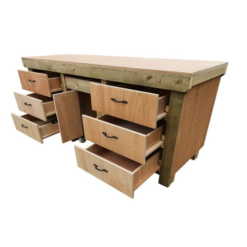 (7ft, Without Back Panel) Wooden Workbench With Drawers and Functional Lockable Cupboard - Eucalyptus Top 2