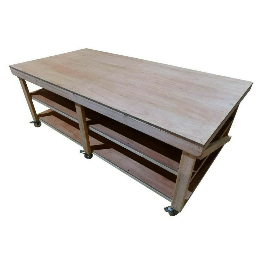 (8ft, Legs With Wheels) Wooden Workbench Double Shelf Eucalyptus Hardwood Top 3FT Wide