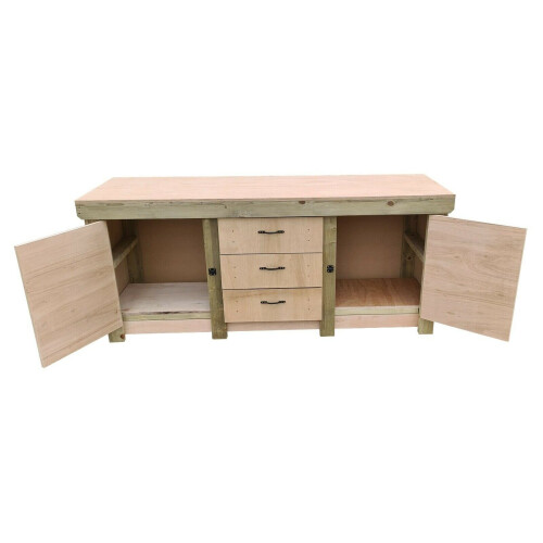 (7ft, With Back Panel) Wooden Eucalyptus Top Workbench With Drawers and Double Lockable Cupboard 1