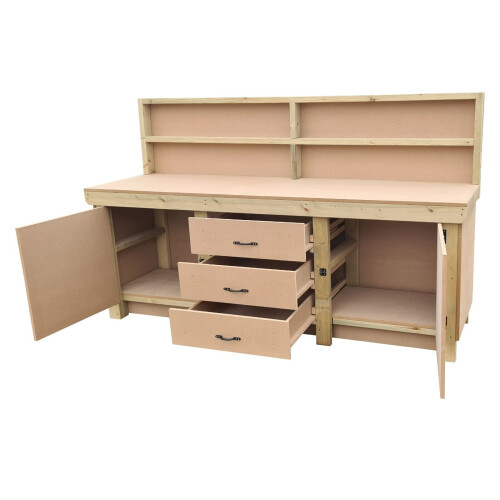 (7ft, Without Back Panel) Wooden MDF Top Workbench With Drawers and Double Lockable Cupboard 2