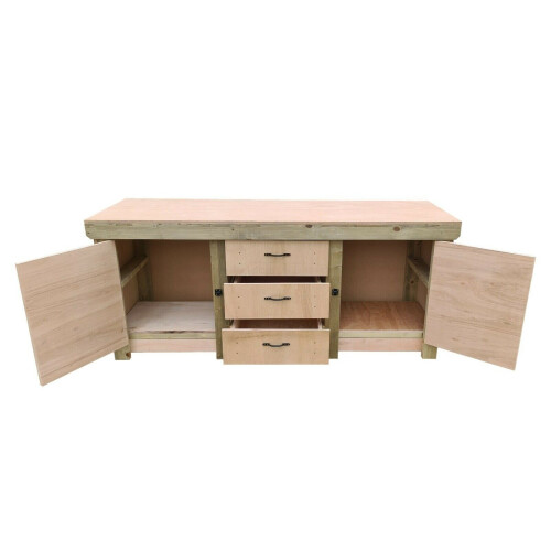 (8ft, With Back Panel) Wooden Eucalyptus Top Workbench With Drawers and Double Lockable Cupboard 2
