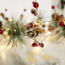 (Red bead and Pine cone) 2M Christmas Pine Cone LED String Light Fairy Battery Copper Tree Garland Decors