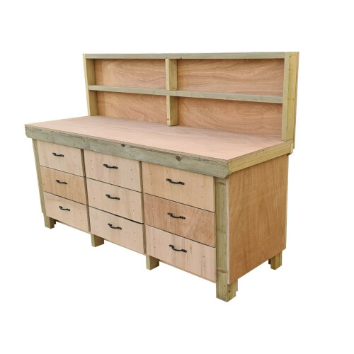 (7ft, With Back Panel) Wooden Workbench Tool Cabinet - Eucalyptus Top Industrial Storage Work Table 1