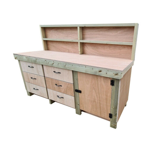 (8ft, With Back Panel) Wooden Workbench Eucalyptus Top Tool Cabinet Double Shelf with Lockable Cupboard 1