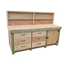 (7ft, With Back Panel) Wooden Workbench Eucalyptus Top Tool Cabinet Double Shelf with Lockable Cupboard