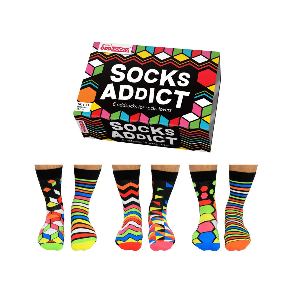 United Oddsocks Socks Addict 6 Box of Colourful Mens Socks Size 6-11