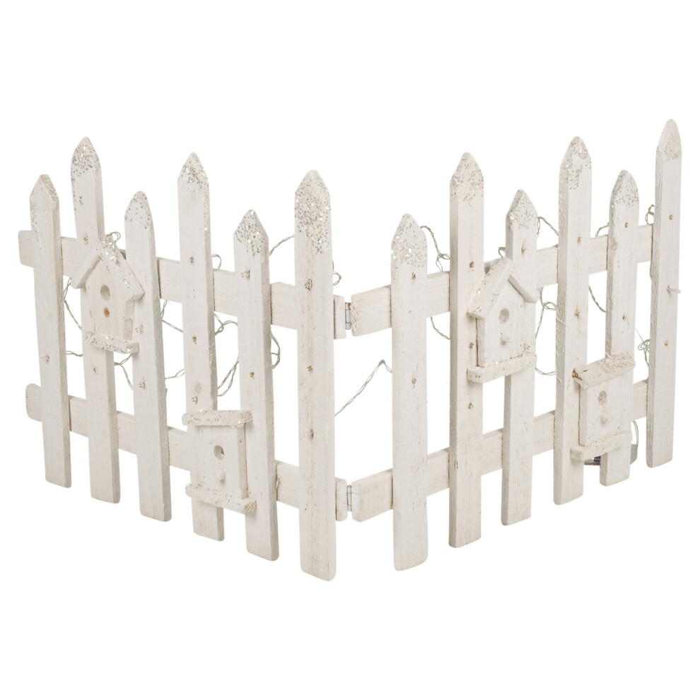 (White With White Glitter , 2x LED Fence ) Wooden Rustic Snow Fence | With LED Lighting