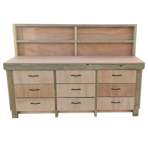 (8ft, With Back Panel) Wooden Workbench Tool Cabinet - Eucalyptus Top Industrial Storage Work Table