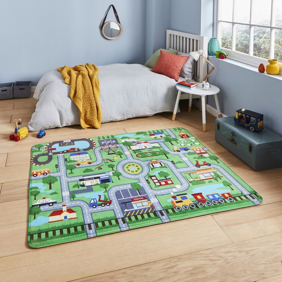 (100x150cm) Inspire G4563 Rugs in Green Kids Road Map Bright Fun Children Mats