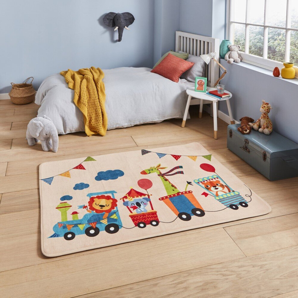 (120x160cm) Inspire G3434 Rugs in Blue and Beige Kids Train with Animals Bright Fun Children Mats