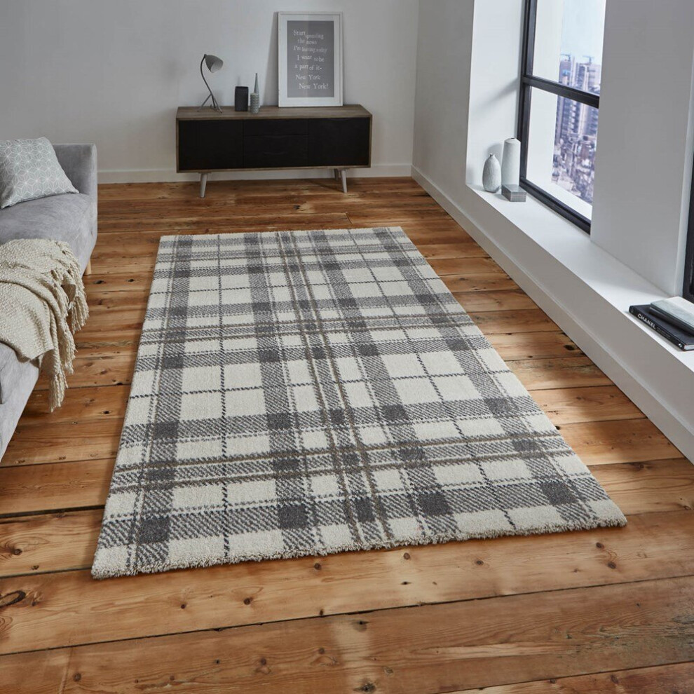 (120x170cm) Modern Wellness Tartan Check 6630 Rugs in Cream Light Grey