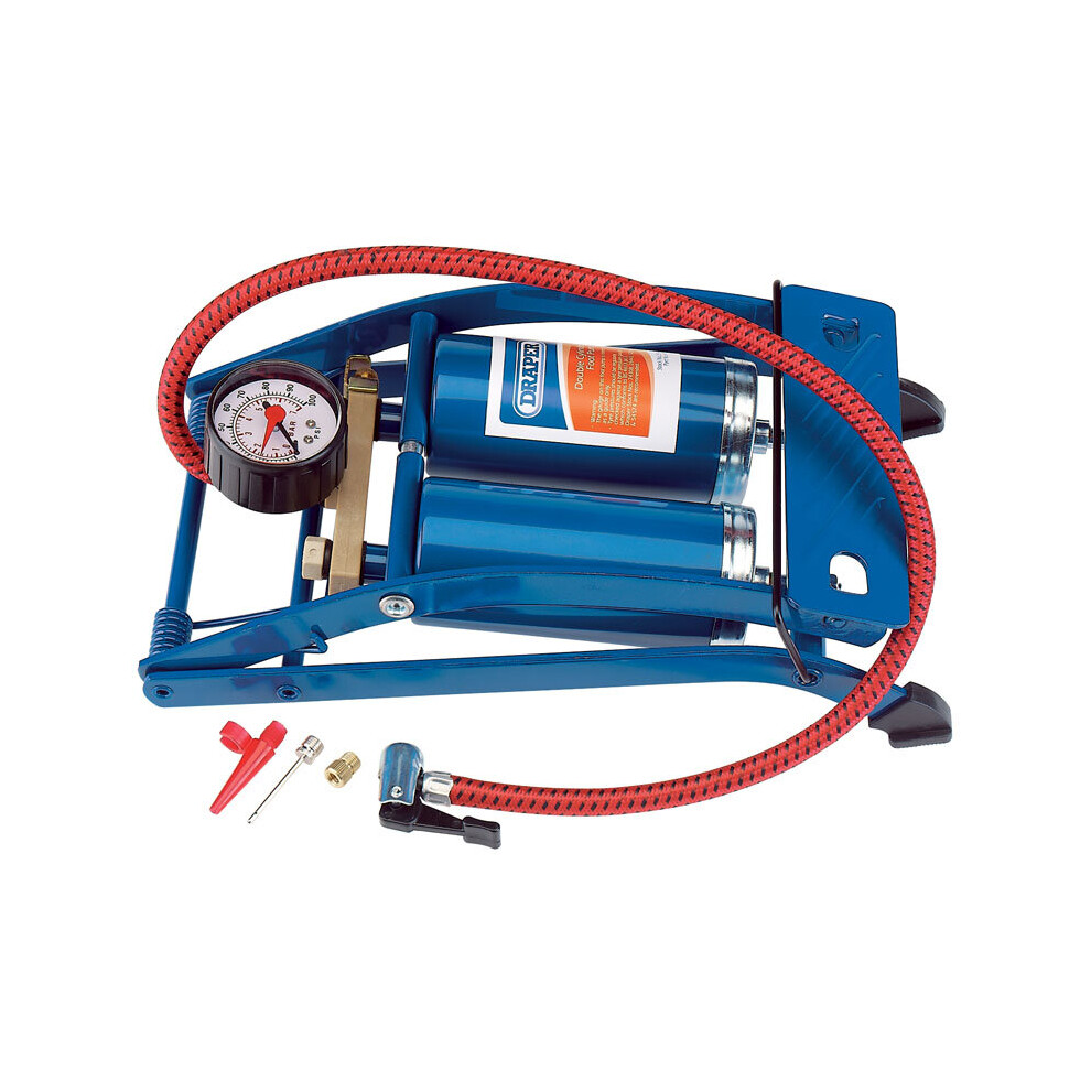 Draper Tools Double Barrel Cylinder Foot Pump Air Inflator Car Van Blue 25996