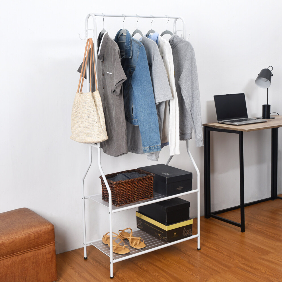 5ft White Clothes Rail With Two Shelves Hanging Storage Hooks