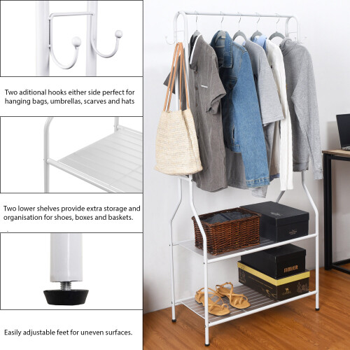 Direct Online Houseware 5ft White Clothes Rail With Two Shelves Hanging Storage Hooks 1