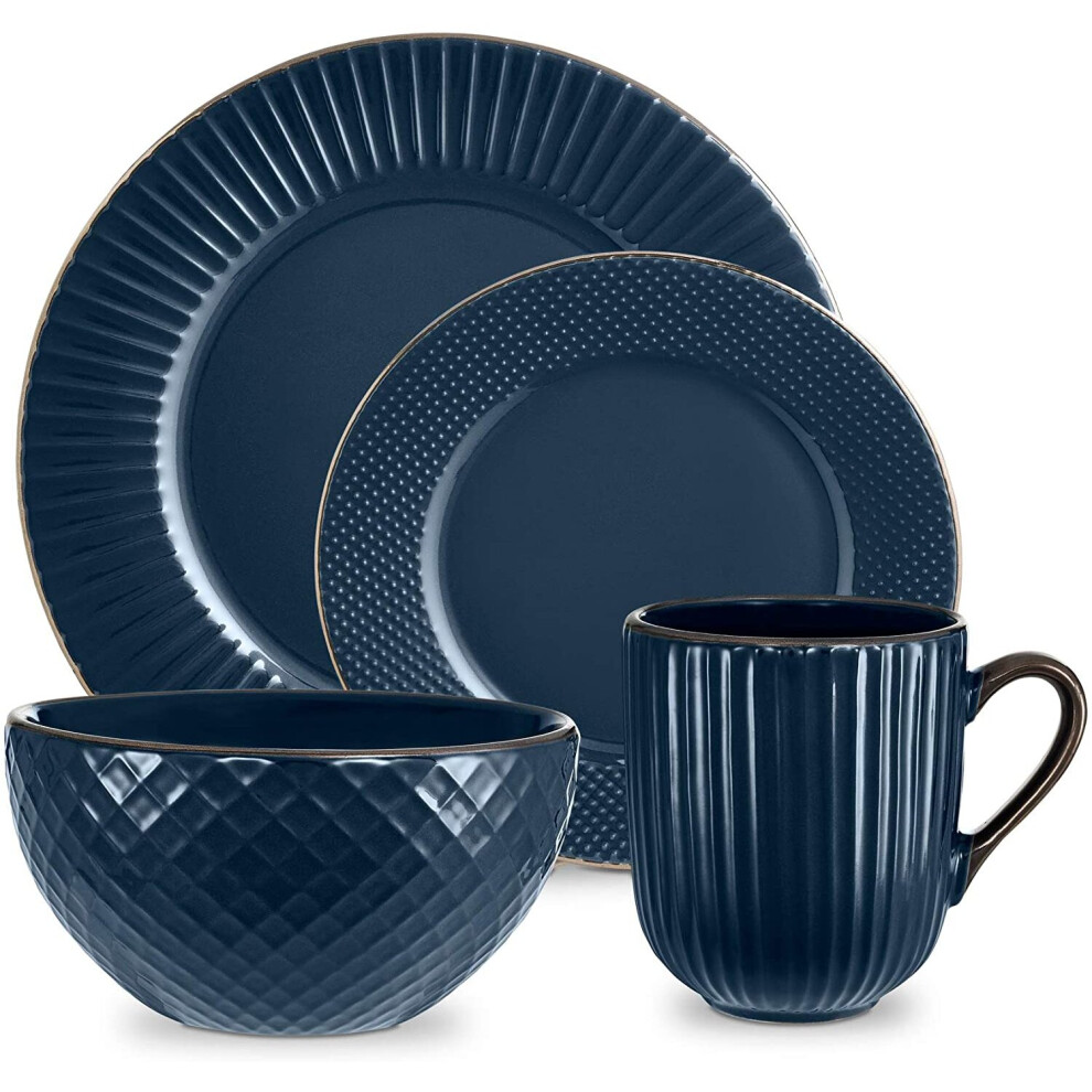 Tower T867002MNB Empire 16 Piece Dinnerware Set, Midnight Blue & Brass, Stoneware
