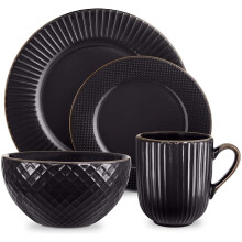 Tower T867002BLK Empire 16 Piece Dinnerware Set, Stoneware, Black and Brass