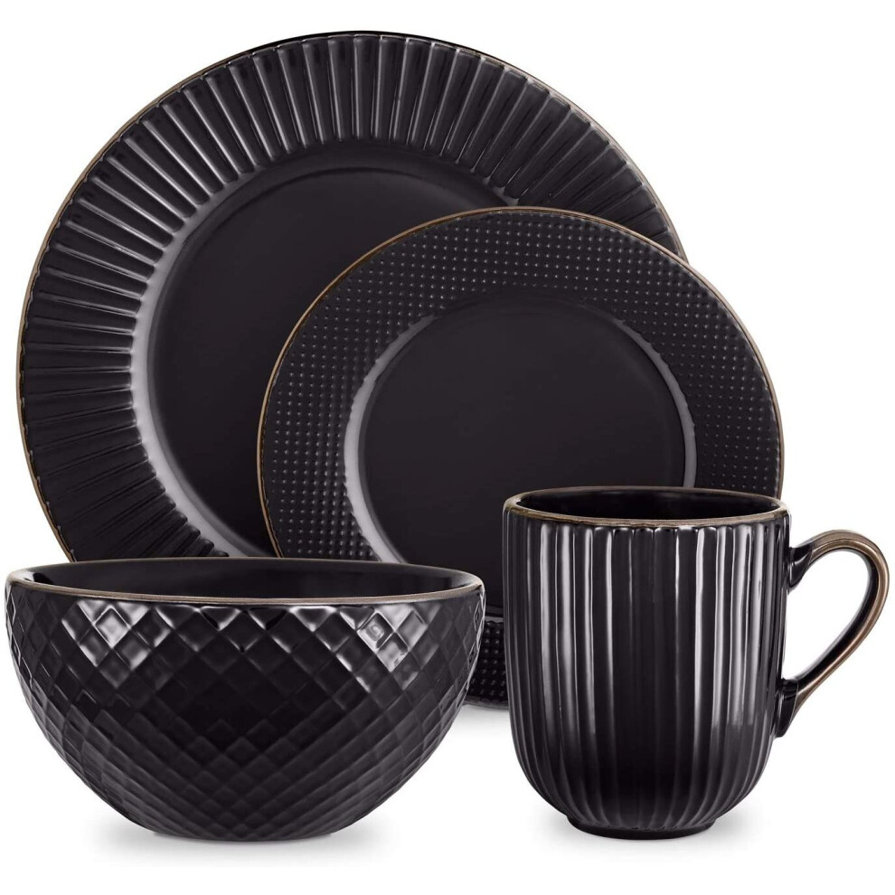 Tower T867002BLK Empire 16 Piece Dinnerware Set, Stoneware, Black and Brass