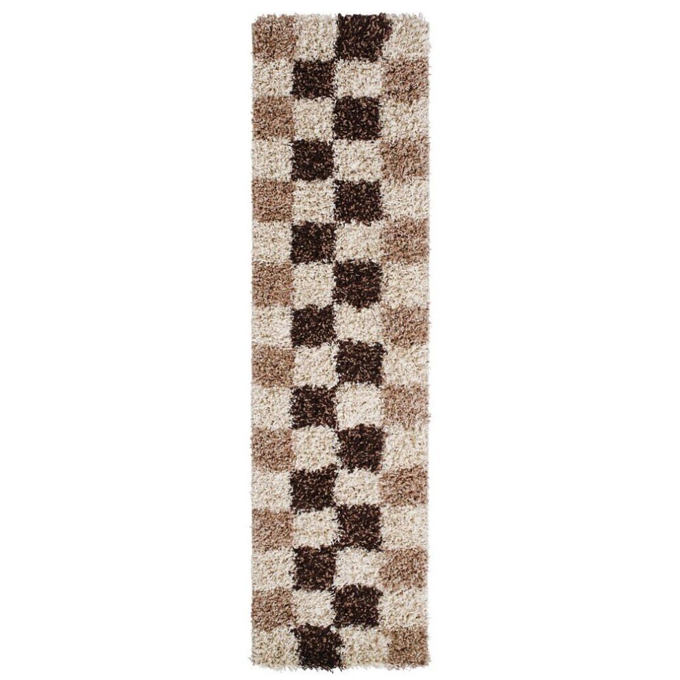 Vista Shaggy Hallway Runners 2247 Check Beige Brown Thick Soft High Pile Mats 60x220cm