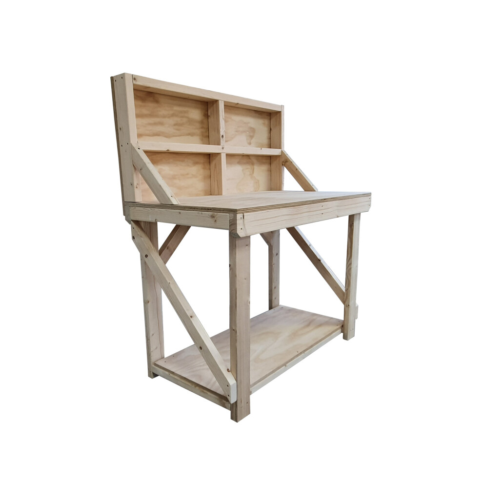 (4Ft, Standard Legs) Wooden Workbench With Back Panel 18Mm Superior Strength Plywood Top Industrial Heavy-Duty Table 7426998920657
