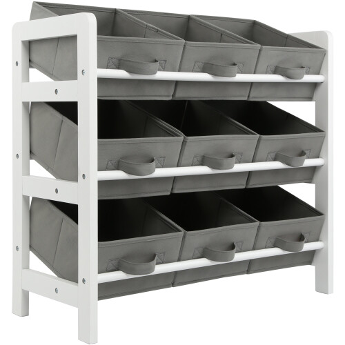 (Grey) Charles Jacobs 3 Tier Toy Storage 9 Boxes Drawers Childrens Shelf Kids Bedroom