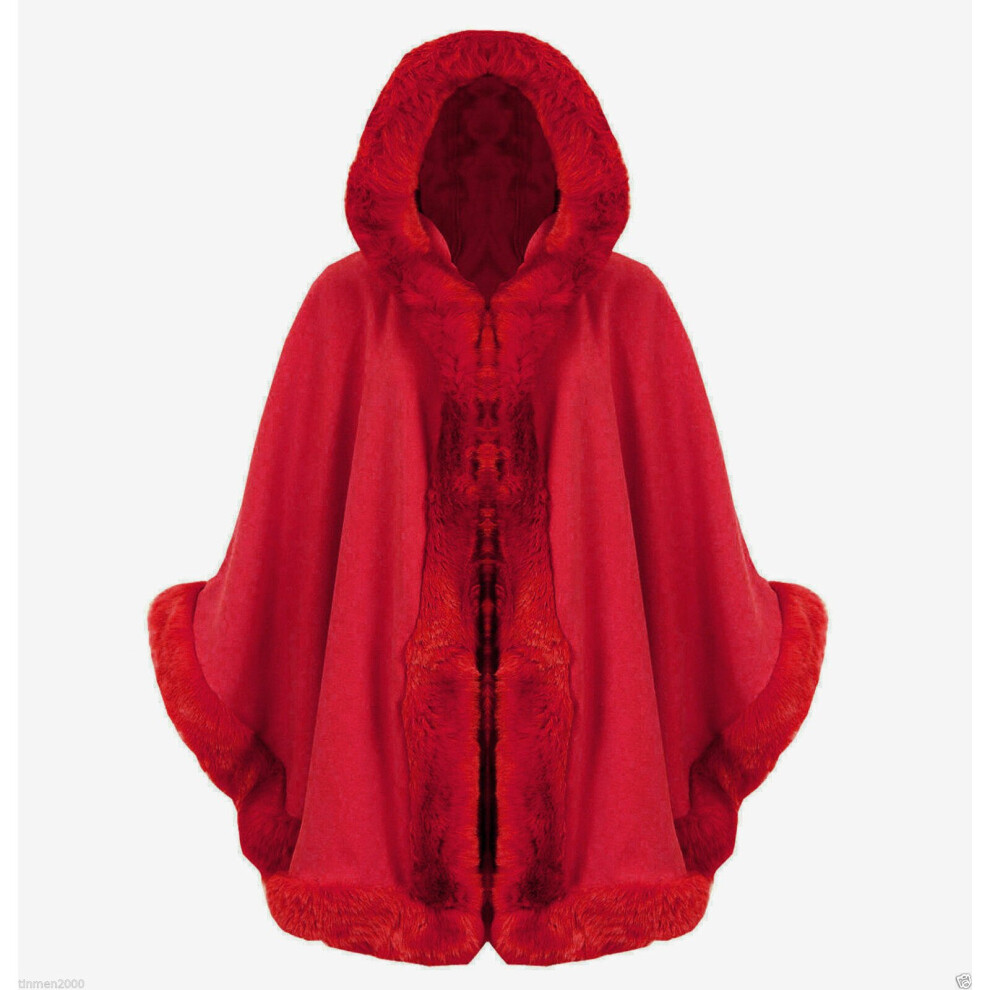 (Red) Faux Fur Hood Italian Cardigan Poncho Cape Coat
