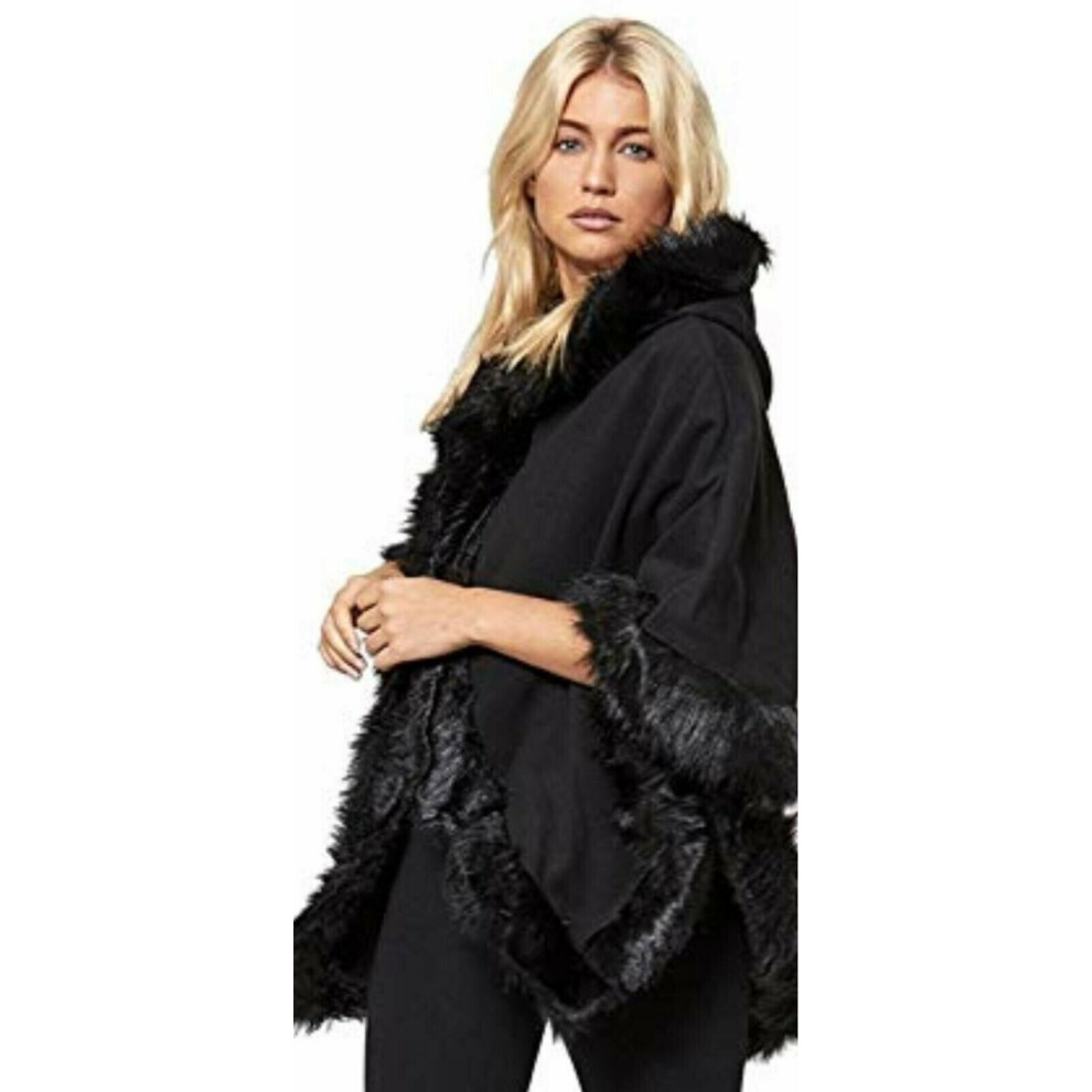 (Black) Faux Fur Hood Italian Cardigan Poncho Cape Coat