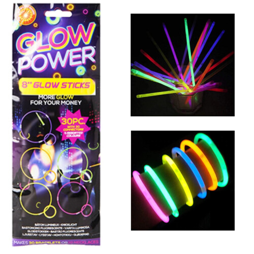 30 Premium Glow Sticks - 8 Inch Long with Connectors