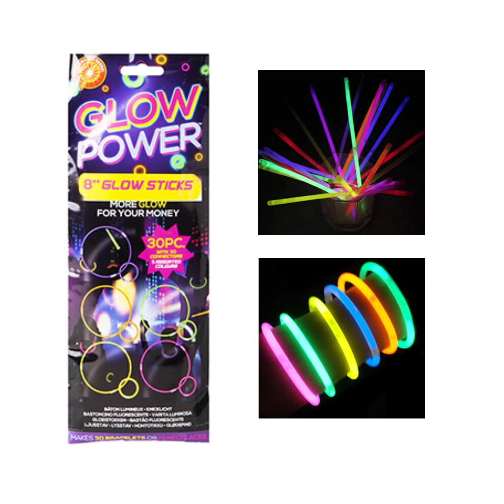 30 Premium Glow Sticks - 8 Inch Long with Connectors