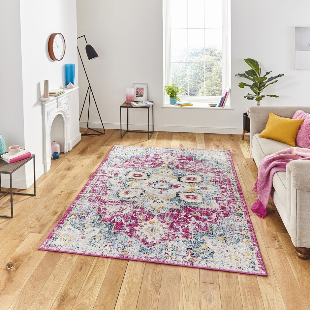 (160x220cm) Boston G0532 Rugs in Fuschia Blue Distressed Vintage Polypropylene Mats