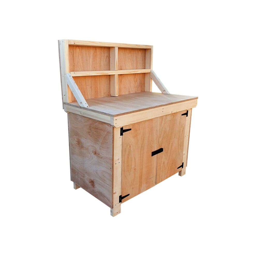 (5Ft, Standard Legs) Wooden Workbench 18Mm Eucalyptus Hardwood Ply Top With Lockable Cupboard, Back Panel And Double Shelf 7426998920398