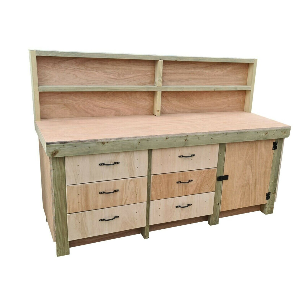 (8Ft, With Back Panel) Wooden Workbench Eucalyptus Top Tool Cabinet With Lockable Cupboard Work Table 7426998919170