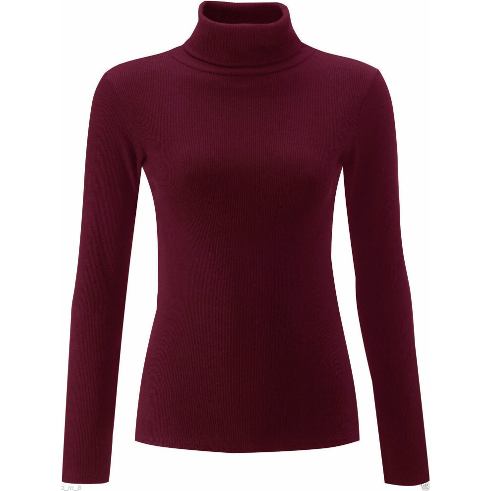 (Wine) Ribbed Polo High roll Neck Long Sleeve Knitted Jumper (ML UK 12-14)