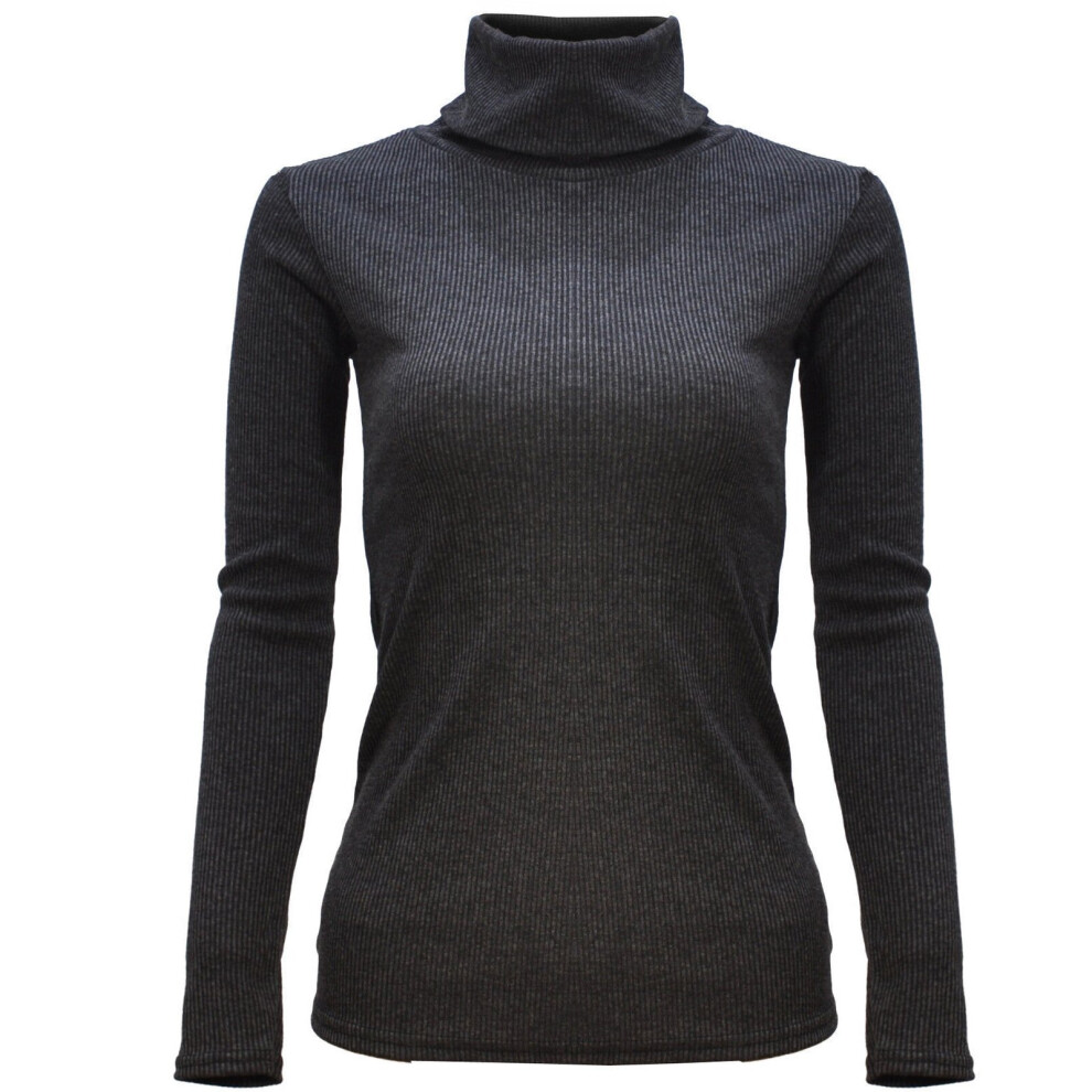 (Charcoal) Ribbed Polo High roll Neck Long Sleeve Knitted Jumper (ML UK 12-14)