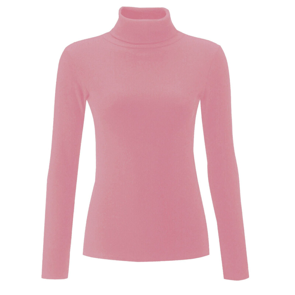 (Pink) Ribbed Polo High roll Neck Long Sleeve Knitted Jumper (ML UK 12-14)