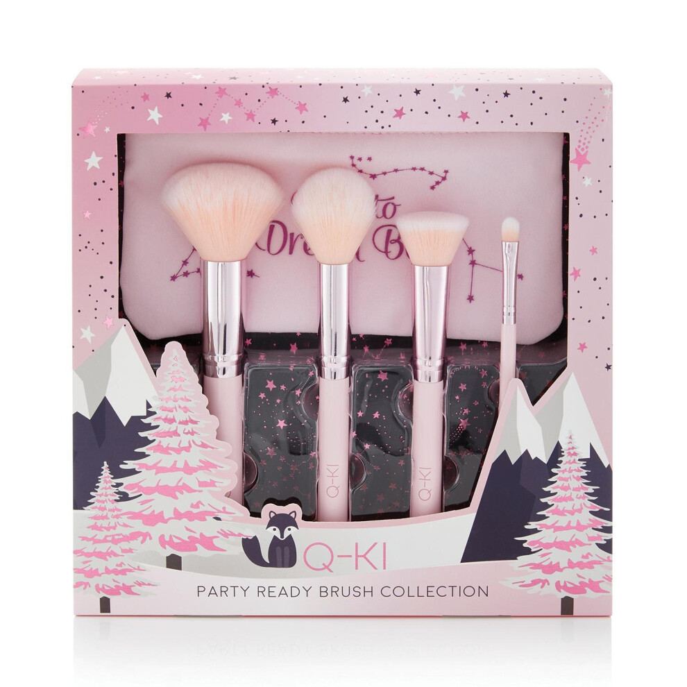 Q-Ki Party Ready Brush Collection Blusher Brush, Powder Brush, Blending Brush, Eyeshadow Brush And Cosmetic Bag