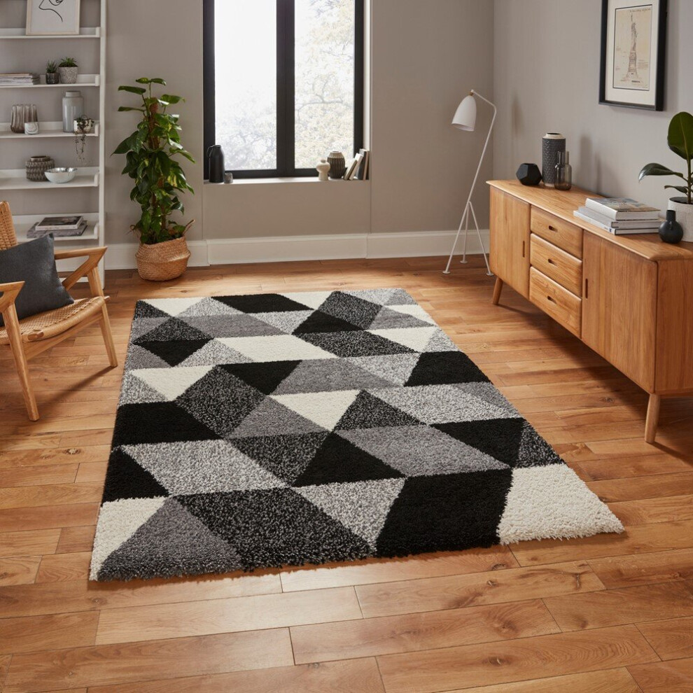 (120x170cm) Modern Royal Nomadic 7611 Geometric Rugs in Black White Shaggy Thick Soft Carpets