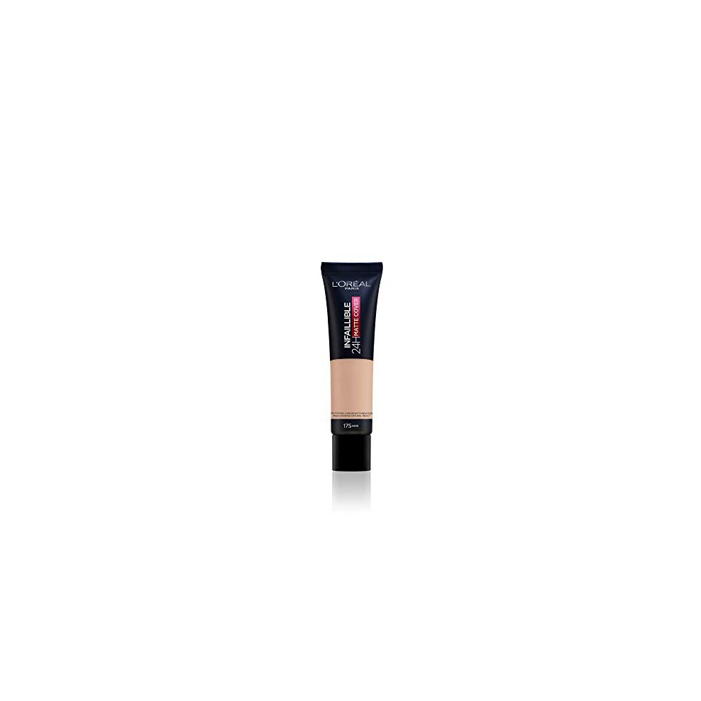 L'Oreal Paris Foundation, Infallible Matte Cover 24hour 175 Sand, Sweat-proof, Heat-proof, Transfer-proof and Water-proof, SPF 18, 30 ml