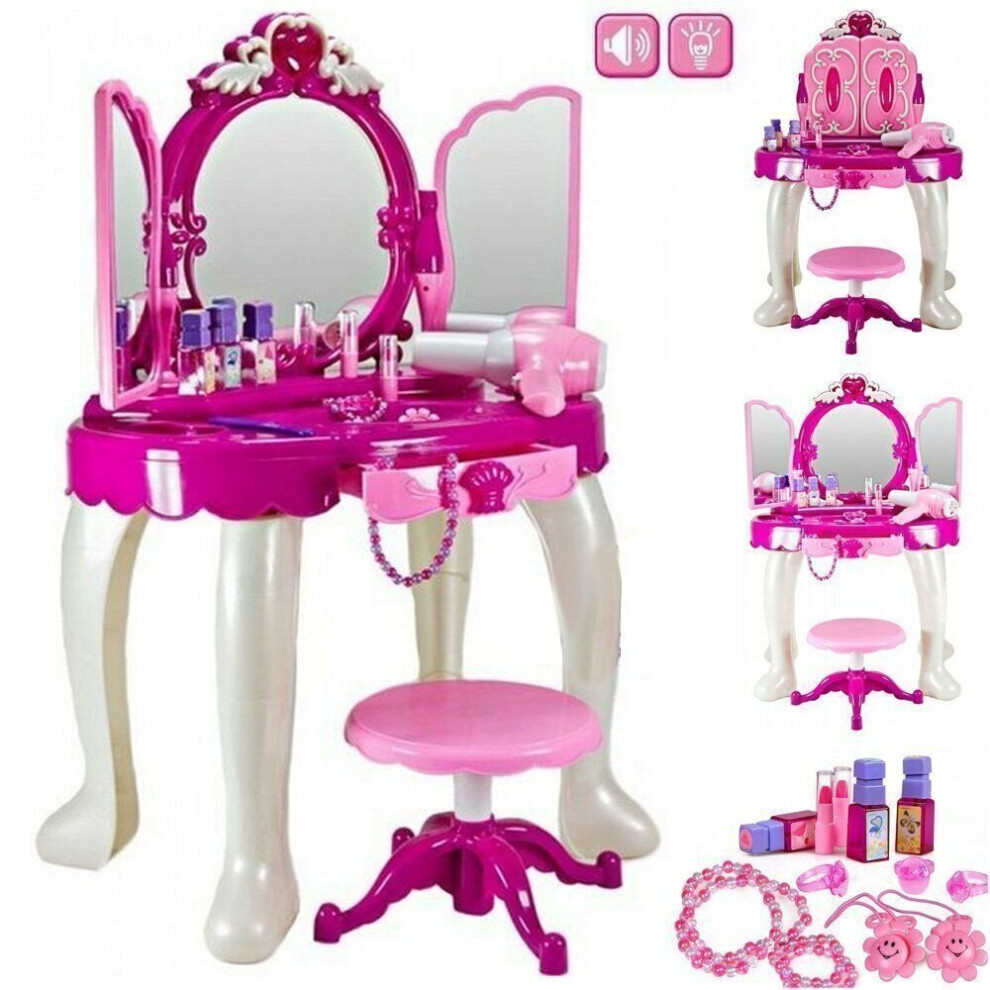 Girls Mirror Makeup Dressing Table Stool Play set Vanity Light, music.