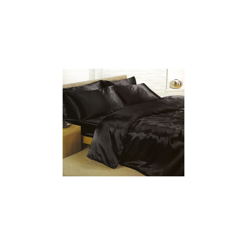 (Super King Size) Black Satin Duvet Cover, Fitted Sheet and Pillowcases Bedding Set