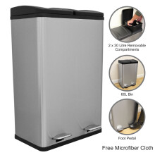 (Silver) Large Double Pedal Bin 60L Dual  Rubbish Recycling Waste Dustbin