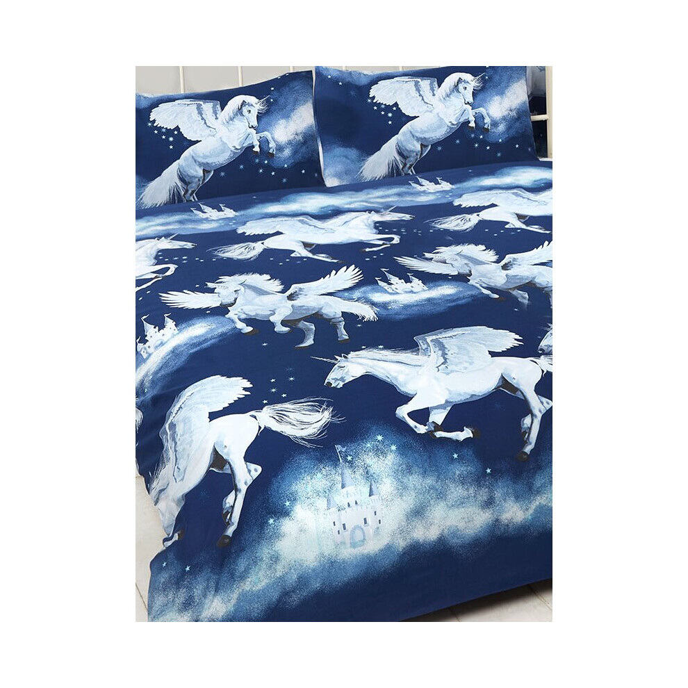 (Double, Navy Blue) Stardust Unicorn Duvet Cover and Pillowcase Set