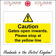 (400 x 300mm - 16 x 12, 10mm Extra Heavy Duty Foamex Foamboard) WT028 Caution Gates Open Inwards Please Stop At The Yellow Line Sign Site Work 600mm x 450mm Magnetic - Vehicle Grade
